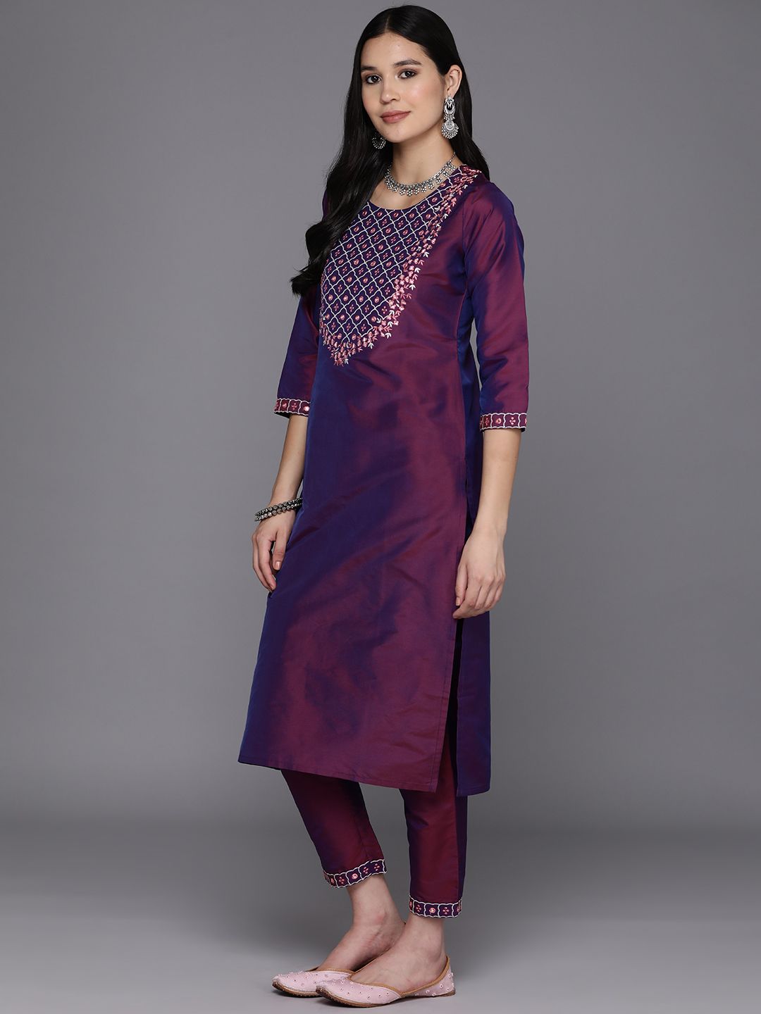 Libas Floral Embroidered Regular Mirror Work Kurta With Trousers & Dupatta