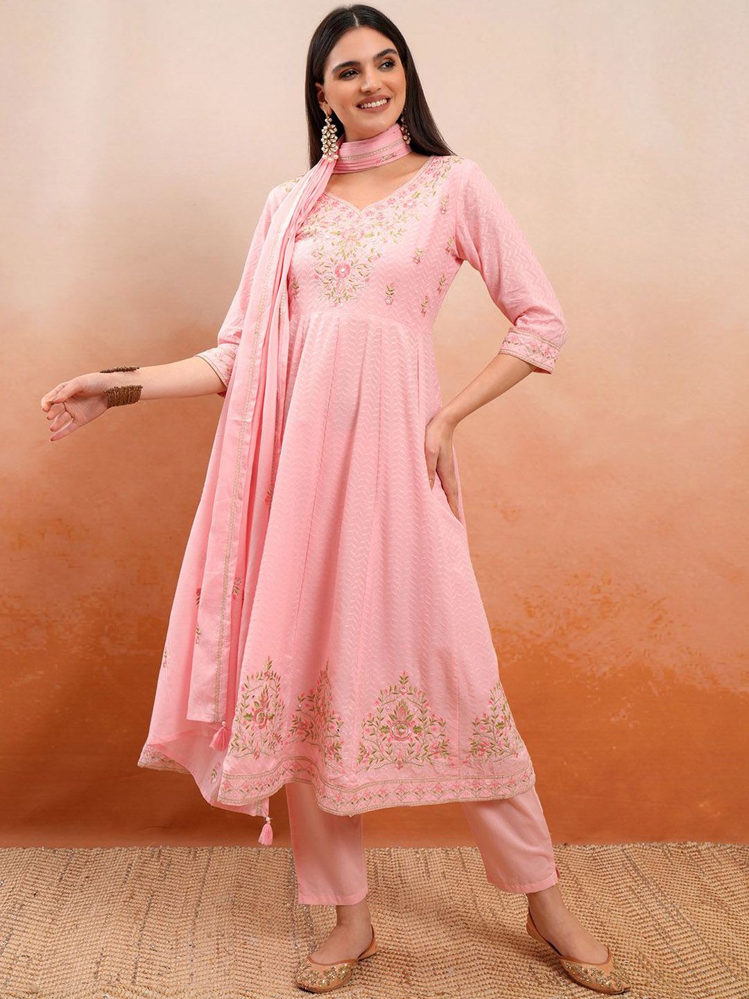 Vishudh Floral Embroidered V-Neck Pure Cotton Kurta with Trouser & Dupatta