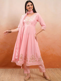 Vishudh Floral Embroidered V-Neck Pure Cotton Kurta with Trouser & Dupatta