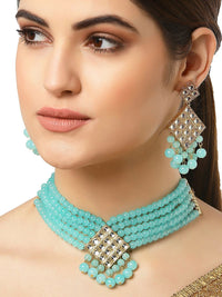 KARATCART Gold-Plated White & Blue Kundan-Studded & Beaded Jewellery Set