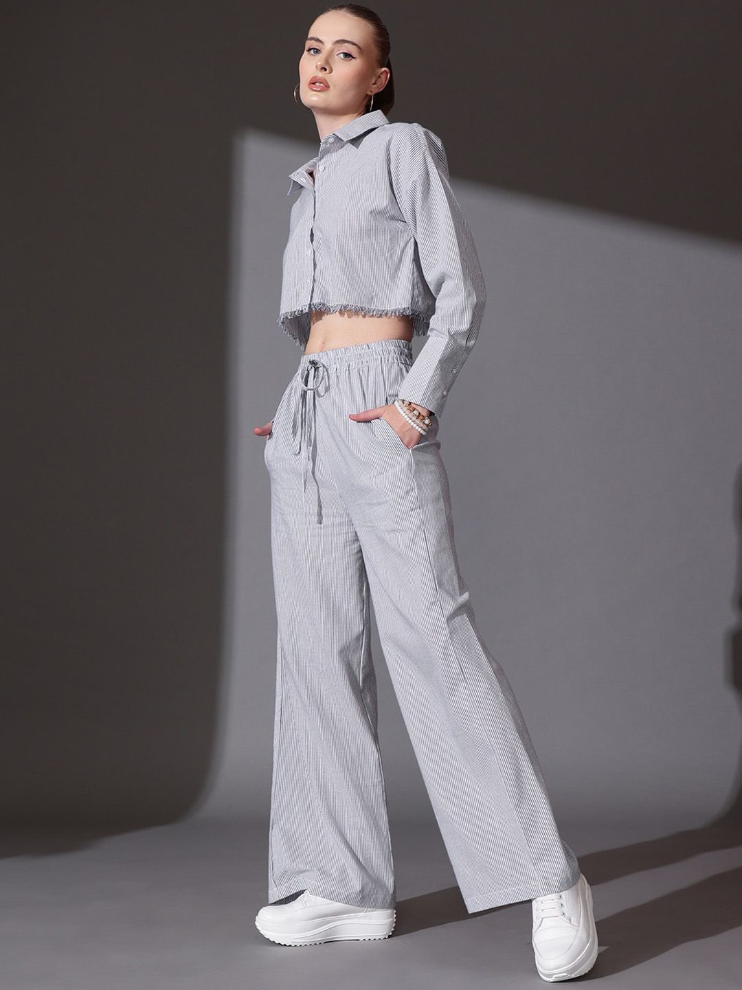 STREET 9 Striped Pure Cotton striped Shirt With Flared Palazzos Co-Ords