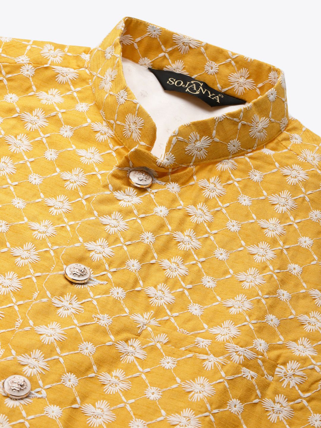 SOJANYA Men Yellow & Green Ethnic Motifs Embroidered Kurta with Churidar