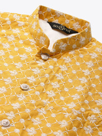 SOJANYA Men Yellow & Green Ethnic Motifs Embroidered Kurta with Churidar