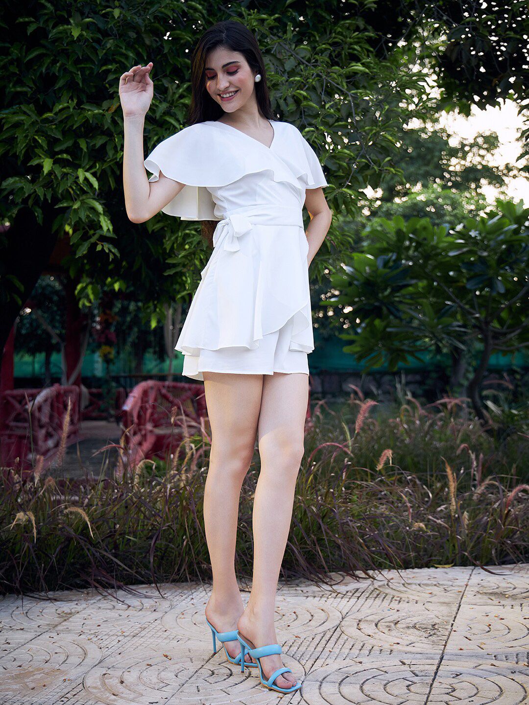 Berrylush White V-Neck Flared Ruffled Playsuit