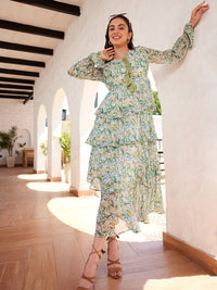 STREET 9 Tropical Printed Puffed Sleeves Layered Georgette A-Line Maxi Dress