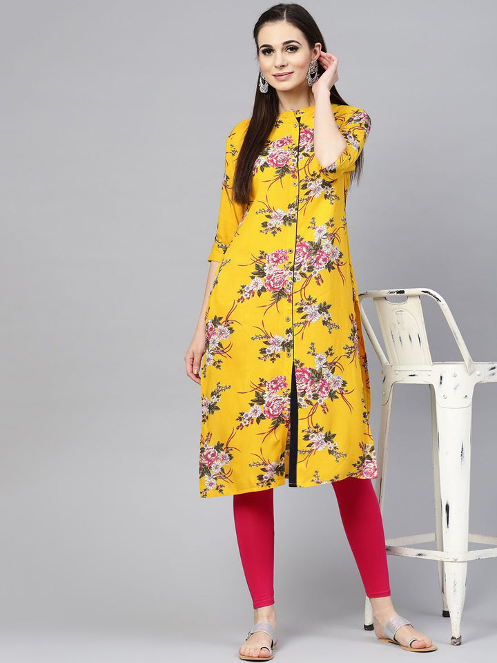 SOJANYA Women Mustard Yellow & Pink Floral Printed Straight Kurta