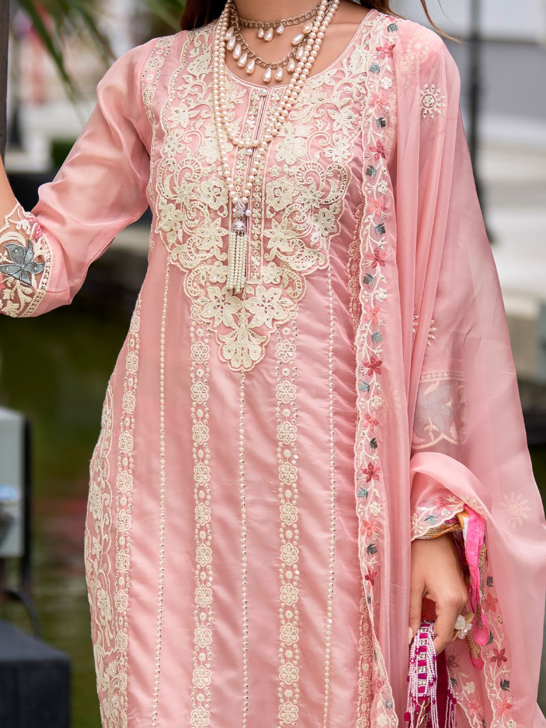 Indo Era Floral Embroidered Sequinned Straight Kurta with Trouser & Dupatta