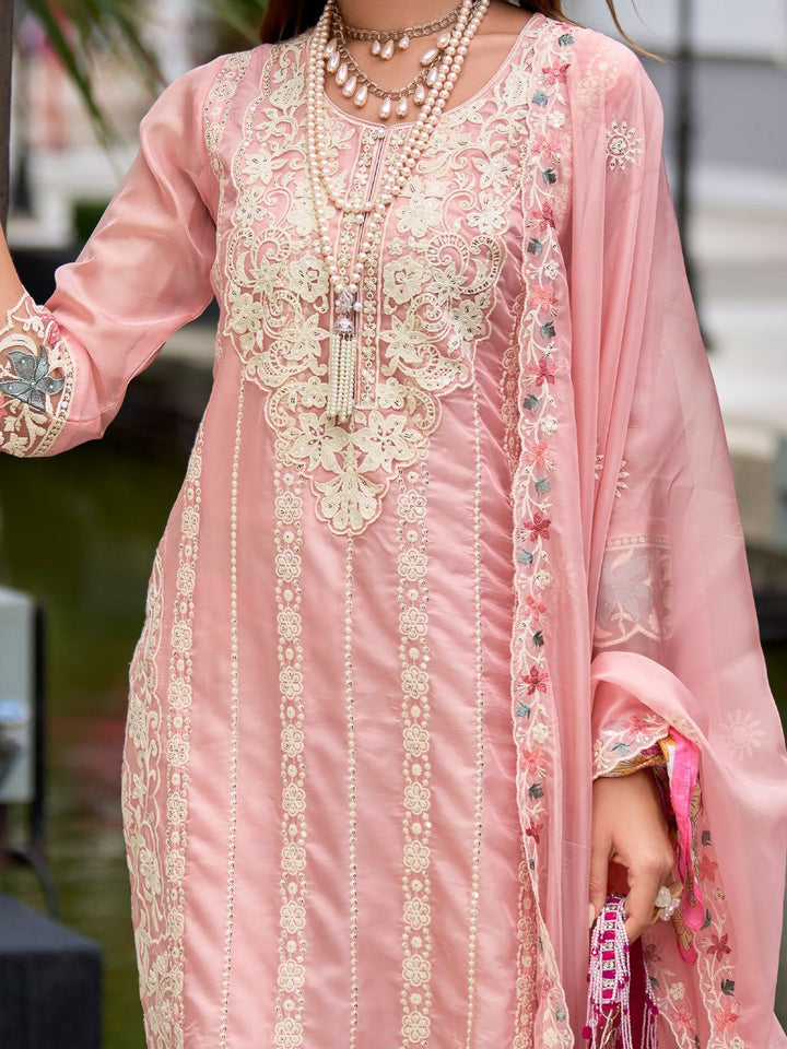 Indo Era Floral Embroidered Sequinned Straight Kurta with Trouser & Dupatta
