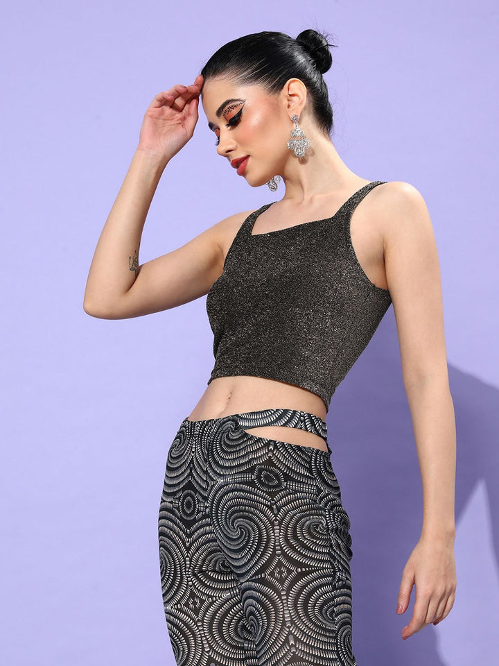 DressBerry Charcoal Grey & Silver-Toned Embellished Shoulder Straps Fitted Crop Top