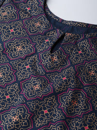 Indo Era Midnight Blue Foil Print Persian Mandala Pure Cotton Kurta Set