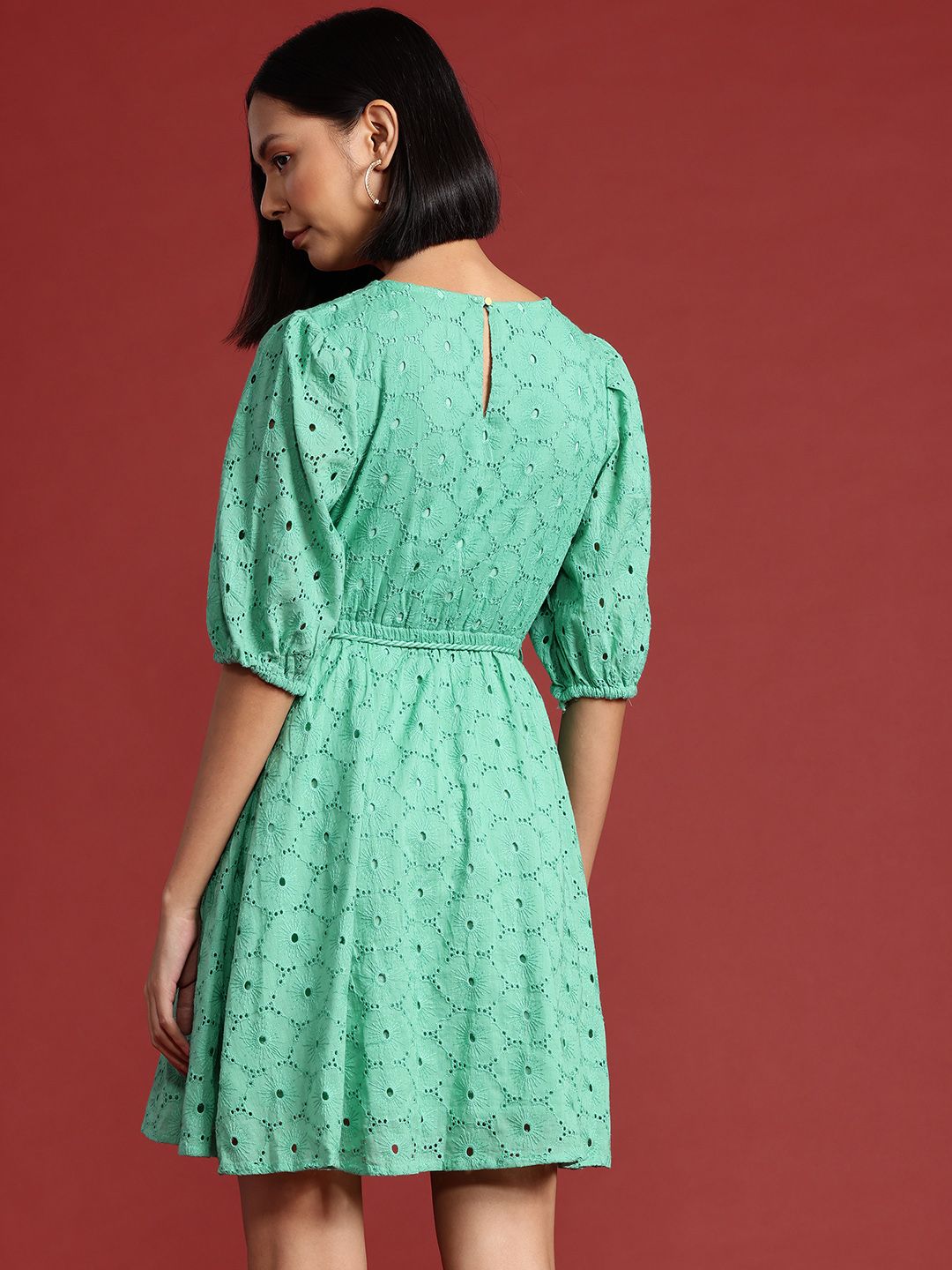 all about you Schiffli Detail Pure Cotton Fit & Flare Mini Dress