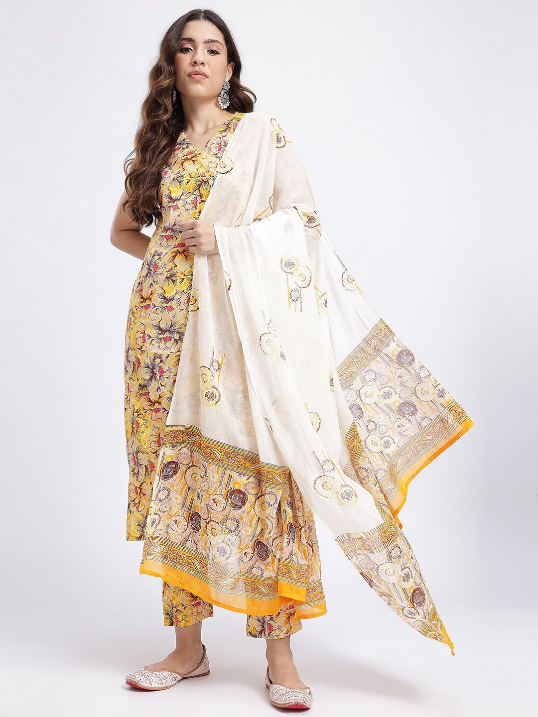 Anouk Floral Print V-Neck Pure Cotton Kurta & Trousers with Dupatta