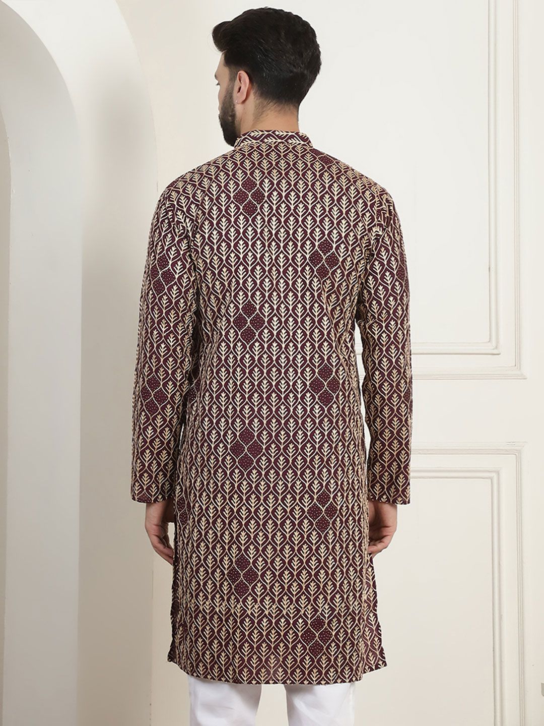 SOJANYA Lelaki Motif Etnik Lengan Berkobar Kurta Kerja Benang