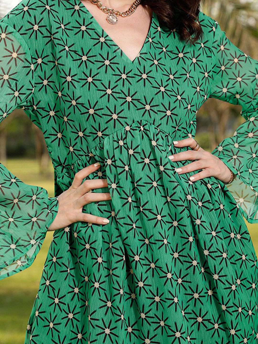 STREET 9 Green & Black Floral Printed A-Line Dress