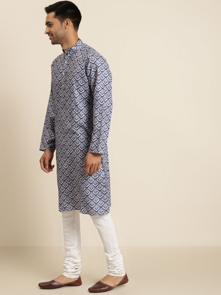 SOJANYA Men Off-White & Blue Cotton Geometric Printed Straight Kurta