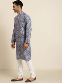 SOJANYA Men Off-White & Blue Cotton Geometric Printed Straight Kurta
