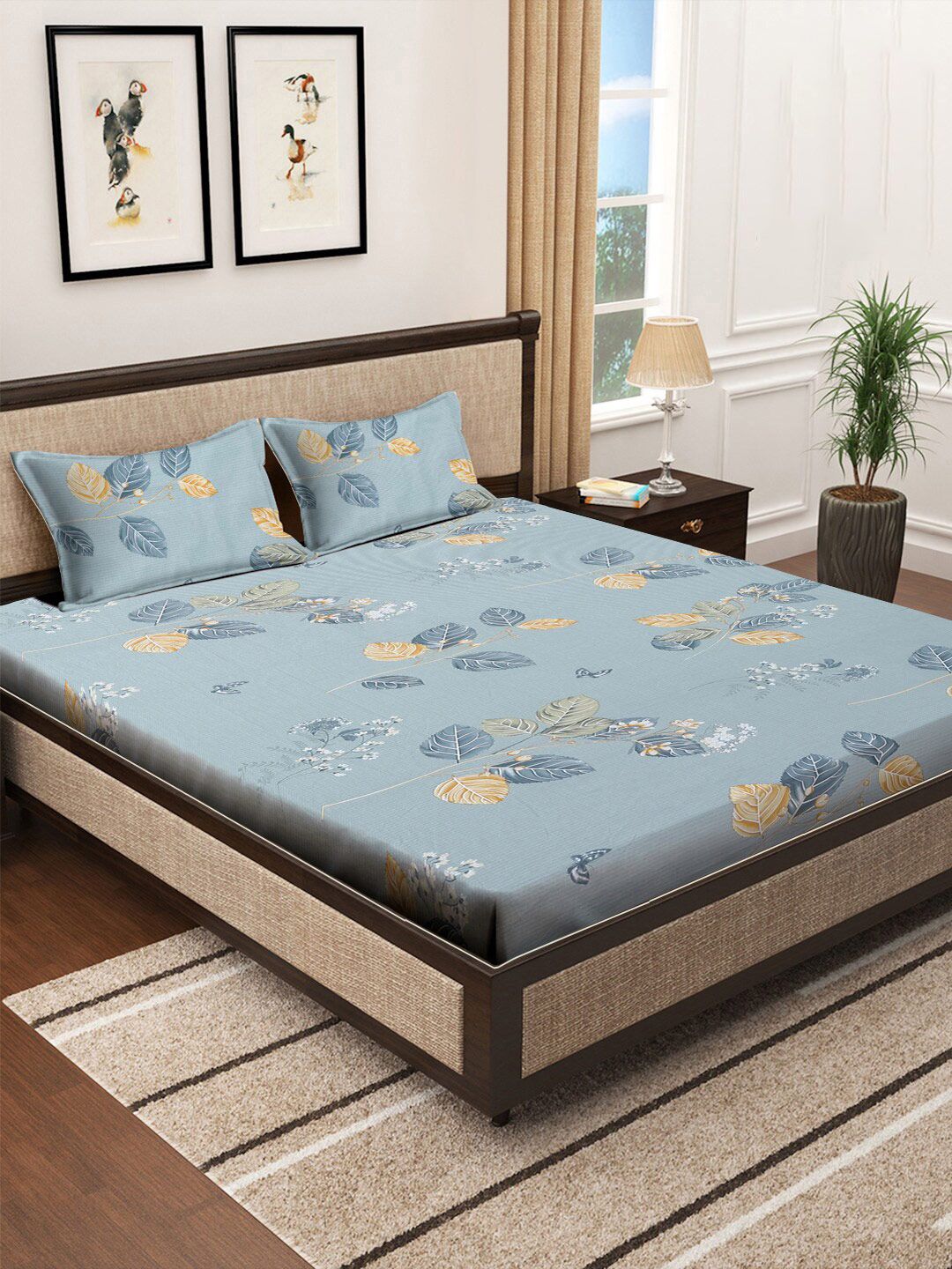 KLOTTHE Blue Floral Printed Dilengkapi 400 TC Cotton King Bedsheet Dengan 2 Sarung Bantal