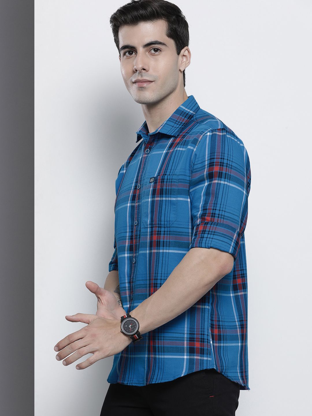The Indian Garage Co Men Blue Comfort Windowpane Checks Checked Casual Shirt