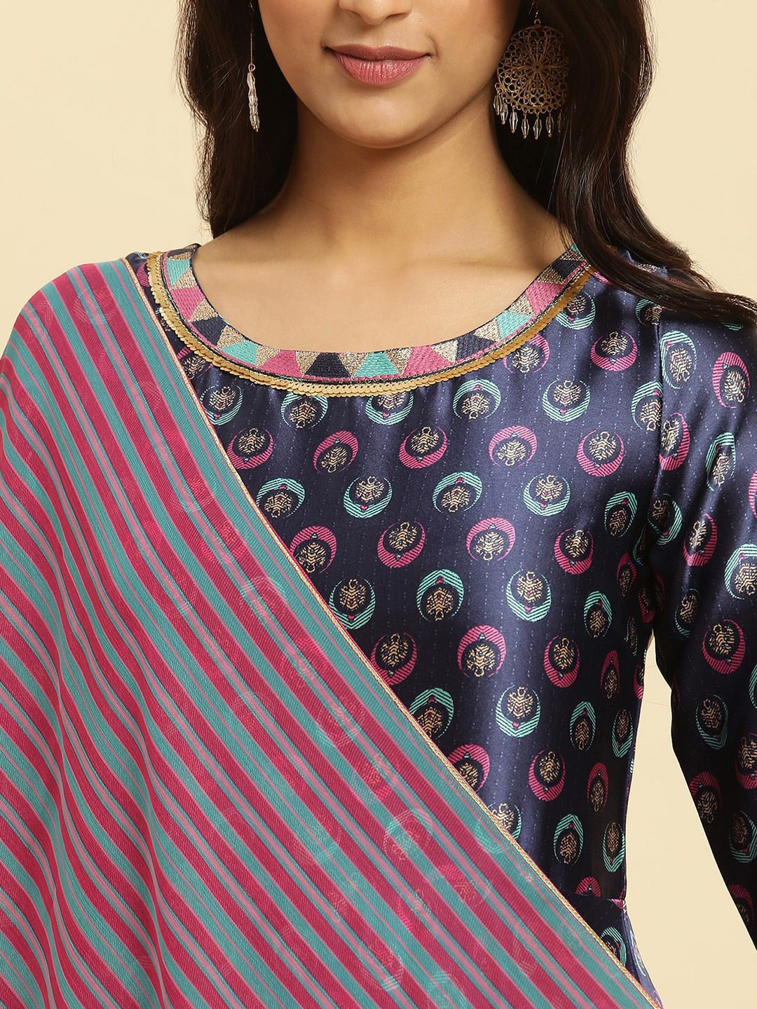W Blue Ethnic Motifs Printed Regular Sequinned Kurta With Leggings And Dupatta