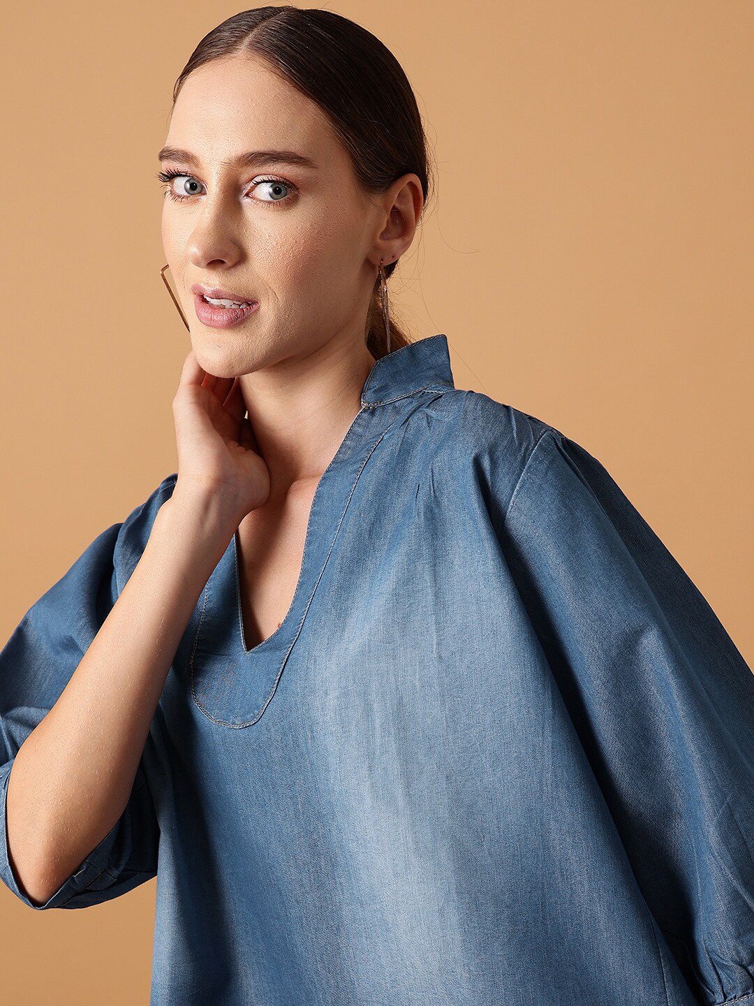 STREET 9 Mandarin Collar Cotton Denim Top