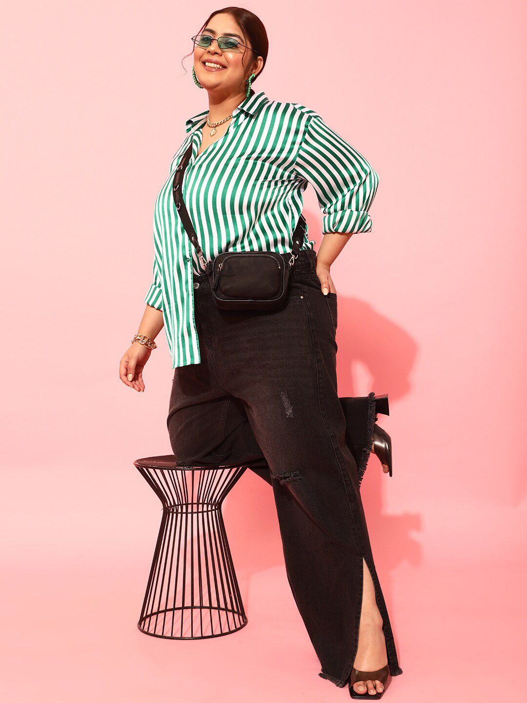 CURVY STREET Plus Size Green & White Vertical Striped Spread Collar Comfort Satin Shirt