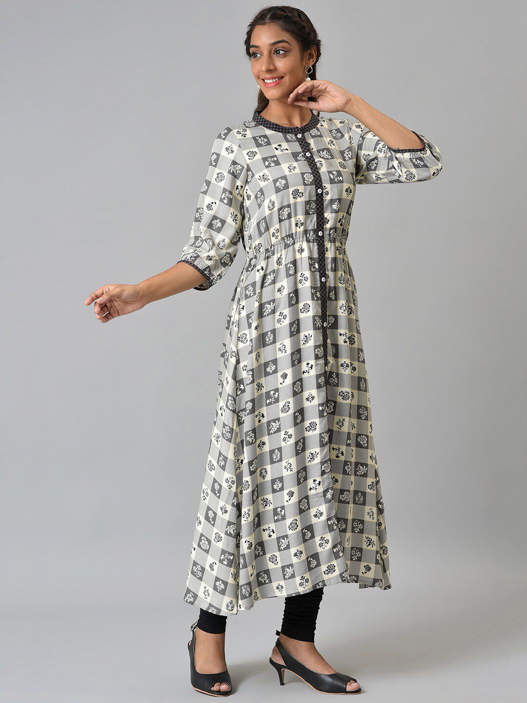 AURELIA Women Grey Ethnic Motifs Printed Anarkali Kurta