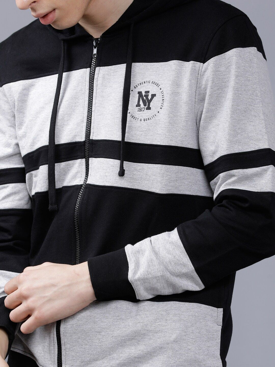 The Indian Garage Co Men Black & Grey Colourblocked Hooded Sweatshirt