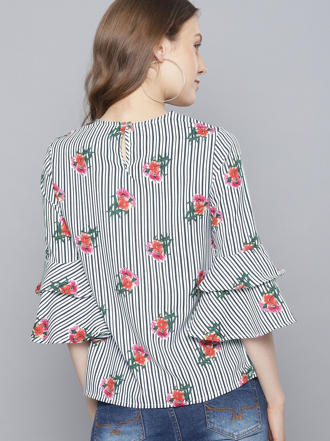 Tokyo Talkies White & Black Floral Printed Striped Top