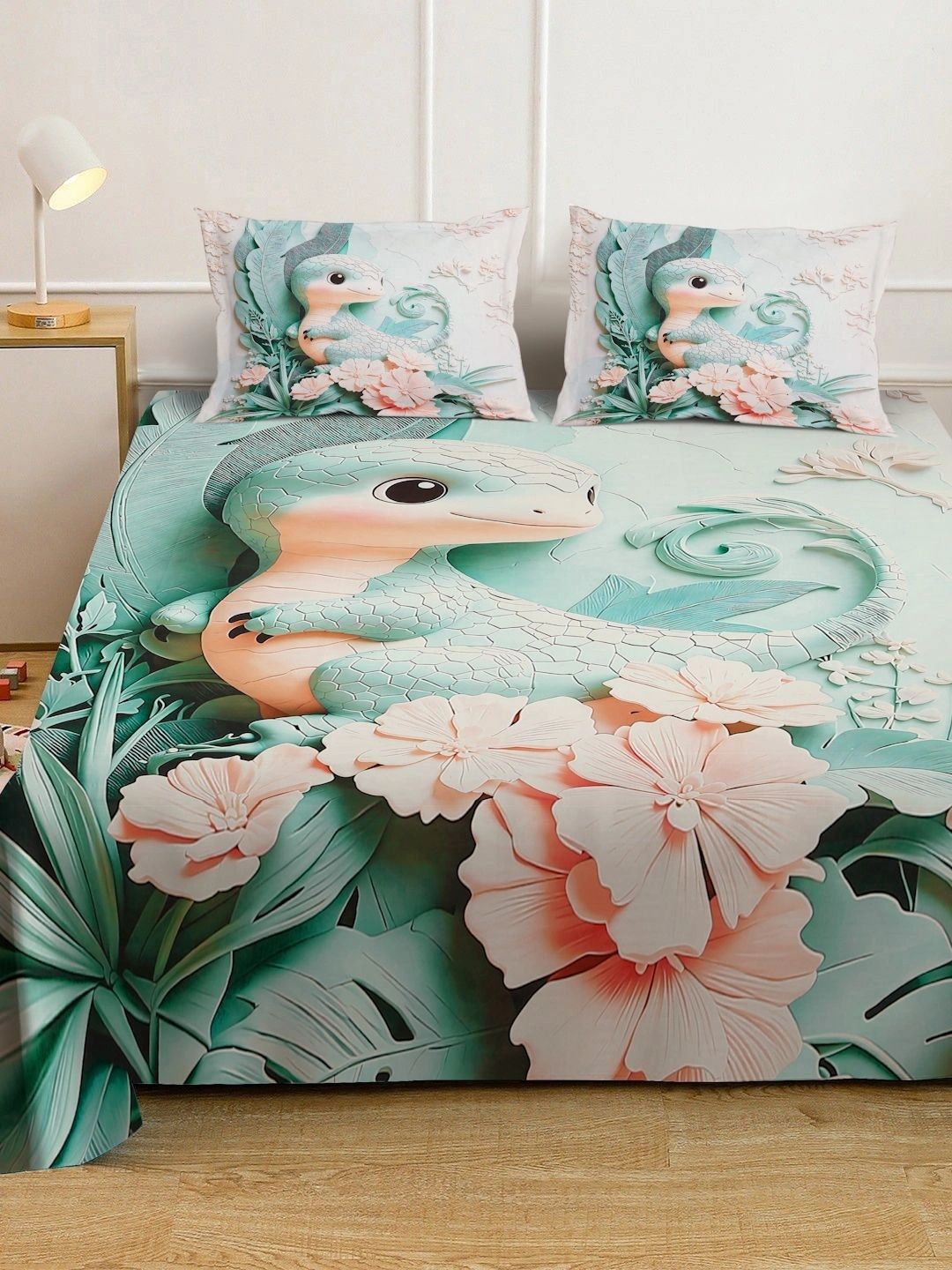 Myntra Elegant Homes Green & Orange 400 TC King Bedsheet with 2 Pillow Covers