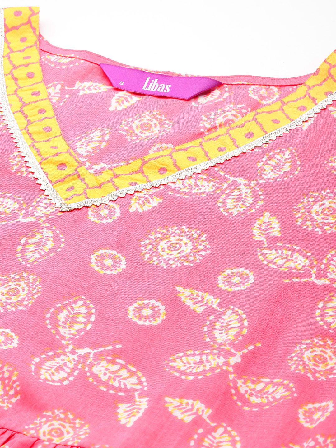 Libas Floral Printed Pleated Gotta Patti Pure Cotton Kurta with Trousers & Dupatta