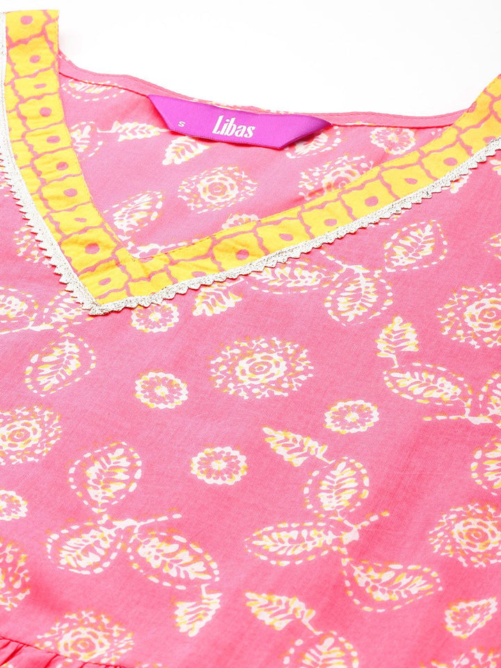 Libas Floral Printed Pleated Gotta Patti Pure Cotton Kurta with Trousers & Dupatta