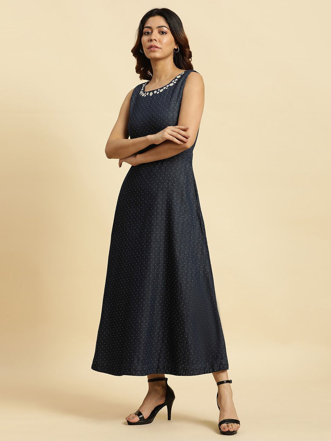 W Polka Dots Printed Sleeveless Cotton A-Line Dress