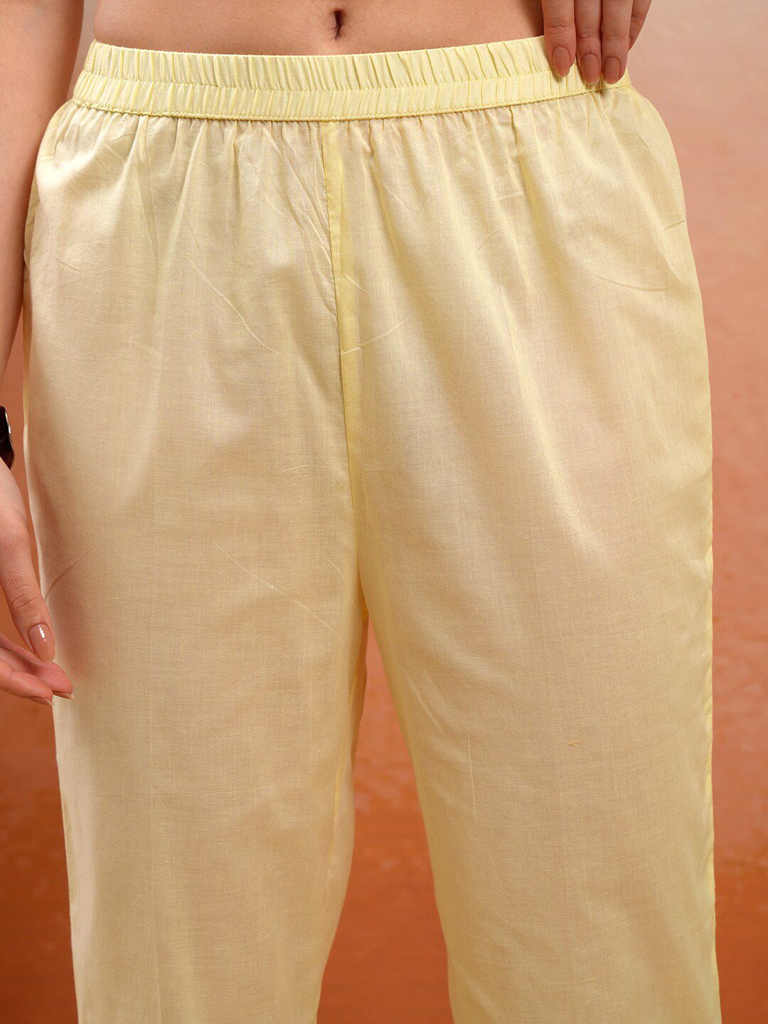 Vishudh Yellow Embroidered Thread Work Pure Cotton A-Line Kurta With Trousers & Dupatta