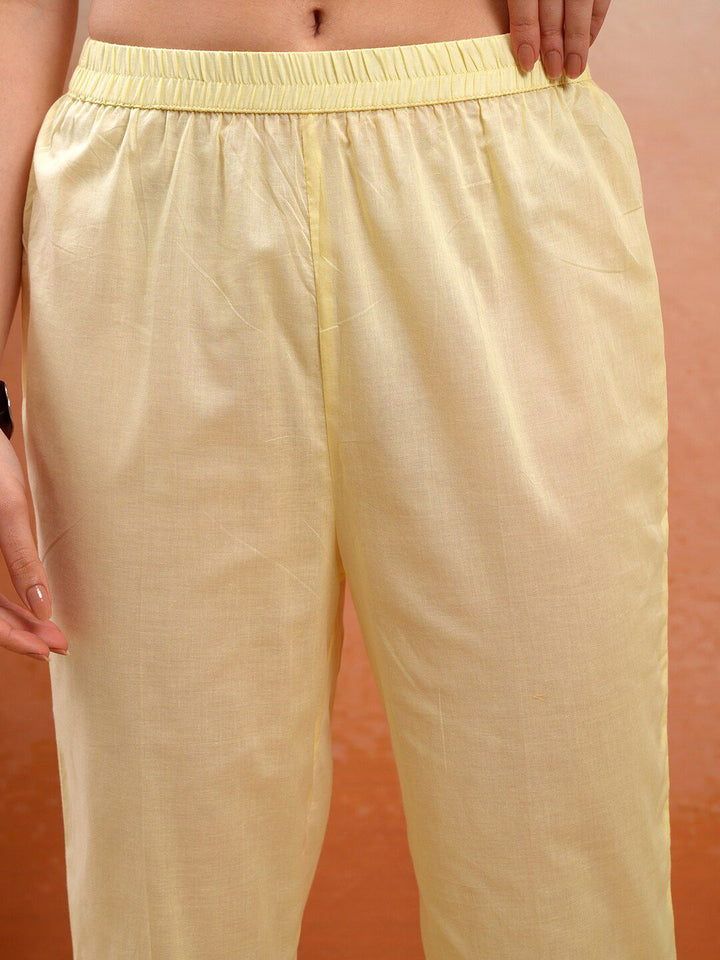 Vishudh Yellow Embroidered Thread Work Pure Cotton A-Line Kurta With Trousers & Dupatta