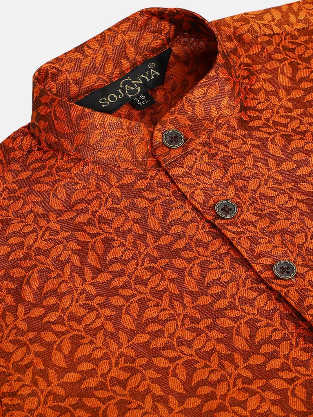SOJANYA Boys Orange Woven Design Jacquard Weave Band Collar Kurta