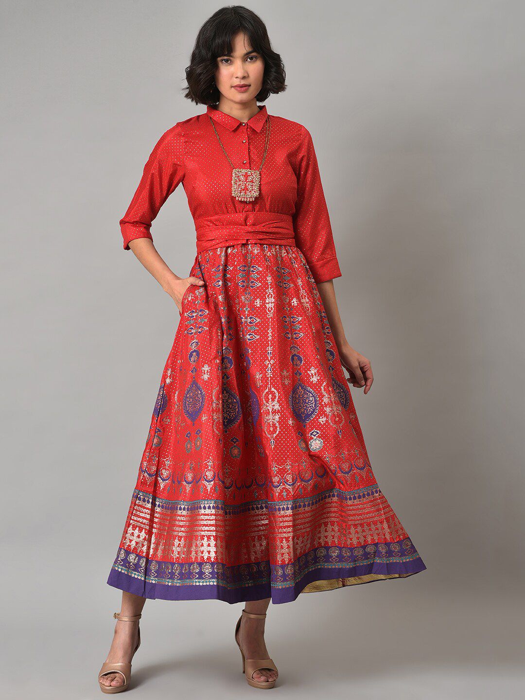 W Ethnic Motifs Printed Shirt Collar Maxi Dress