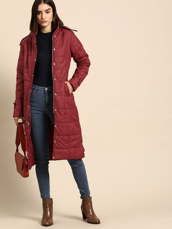 all about you Women Maroon Longline Hooded Parka Jacket with Belt