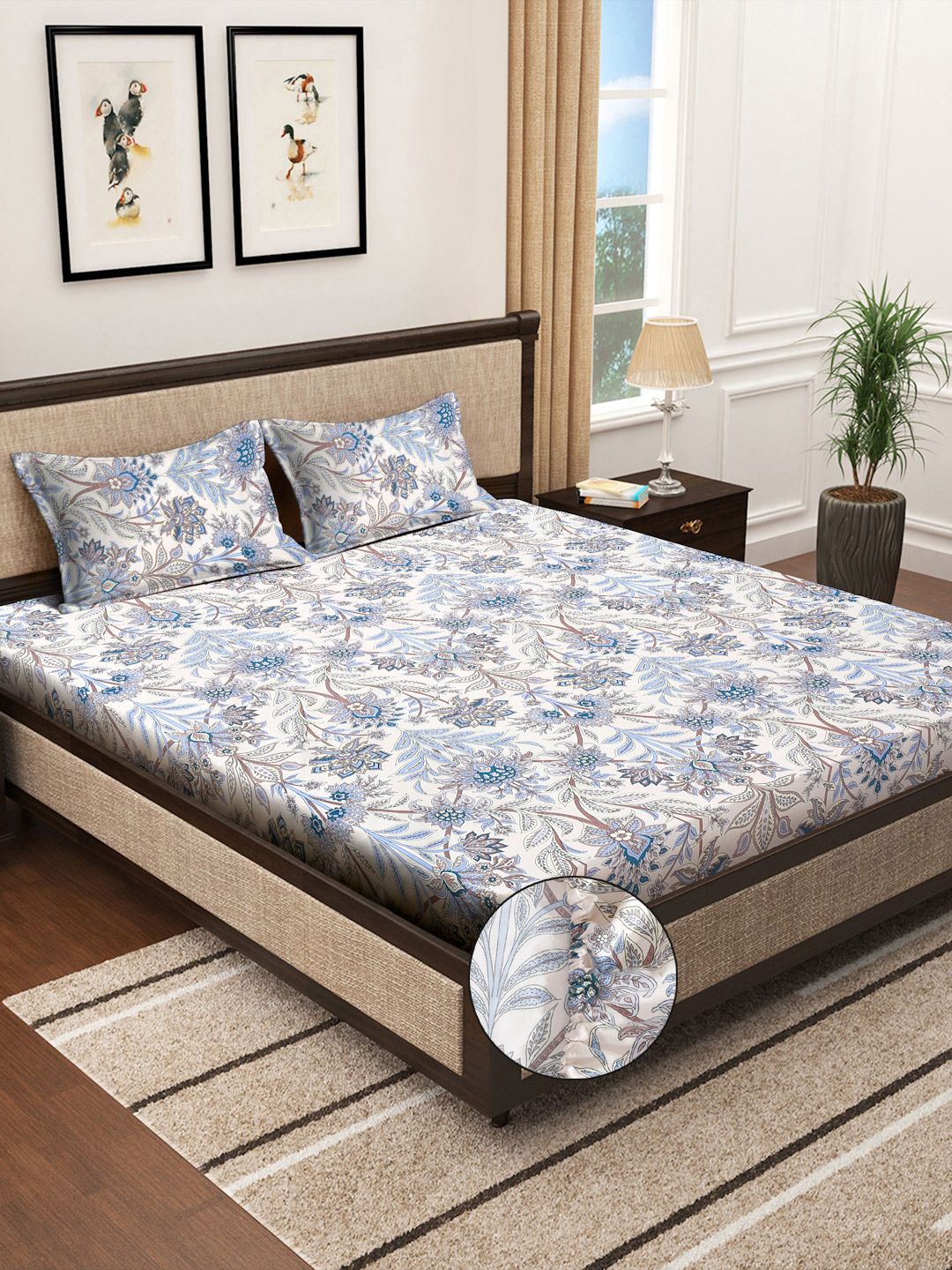 Myntra Elegant Homes Blue Floral 300 TC Fitted King Fine Bedsheet dengan 2 Sarung Bantal