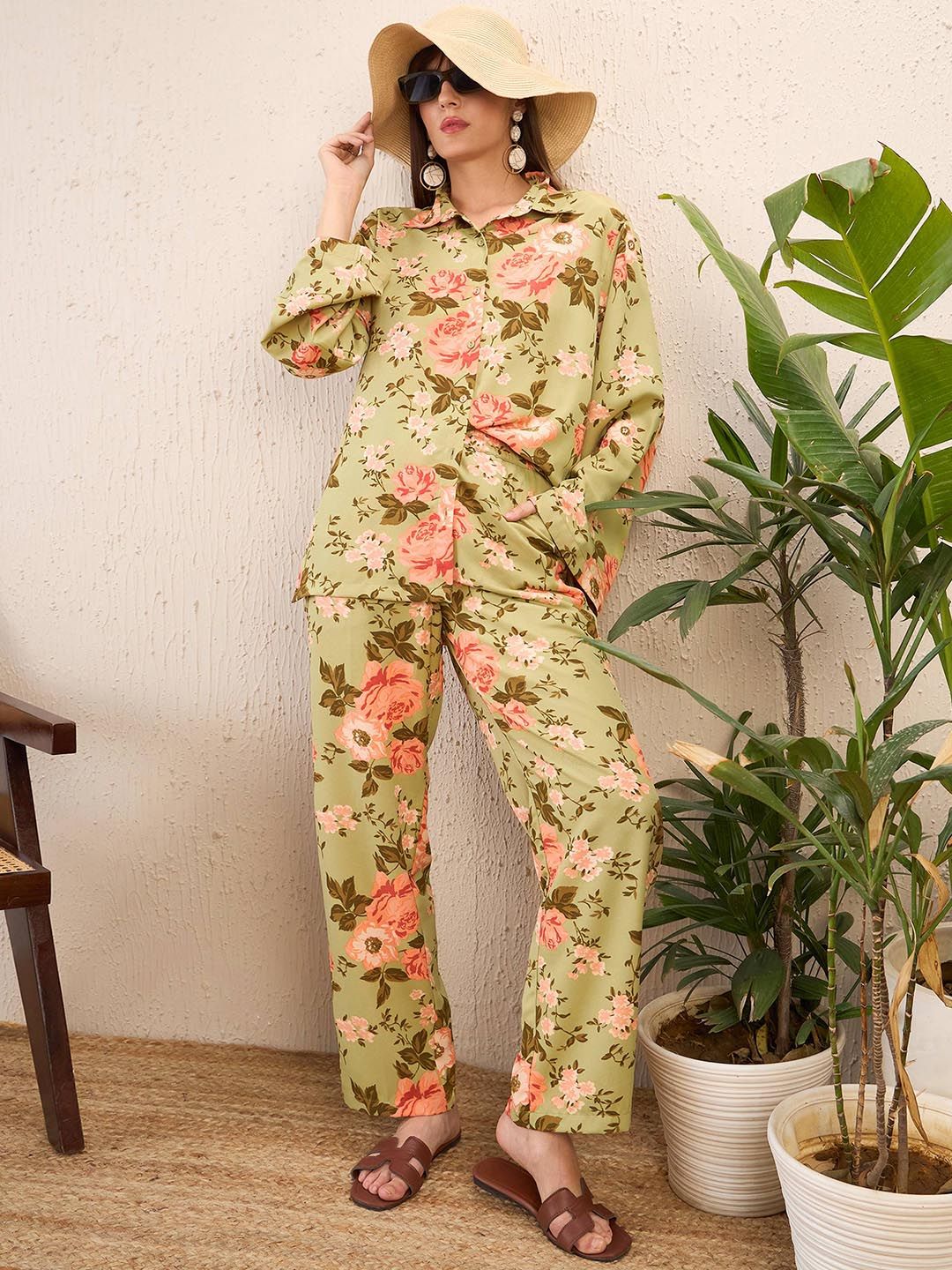 SASSAFRAS Olive Green Floral Printed Shirt & Trousers