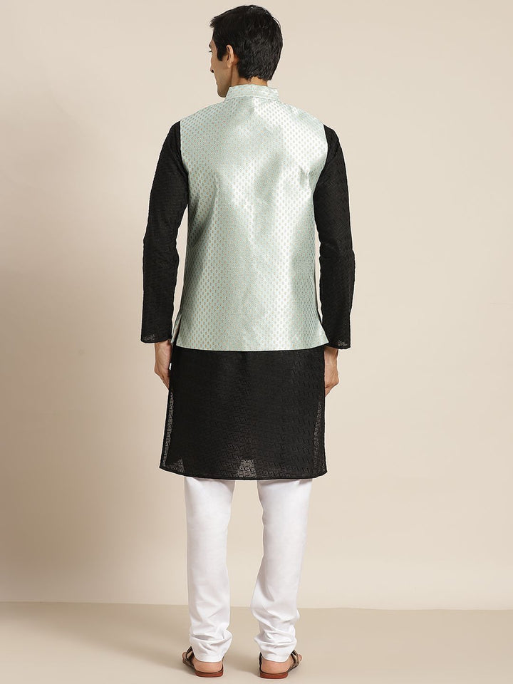 SOJANYA Lelaki Motif Etnik Hitam Chikankari Kurta Kapas Tulen dengan Jaket Churidar & Nehru