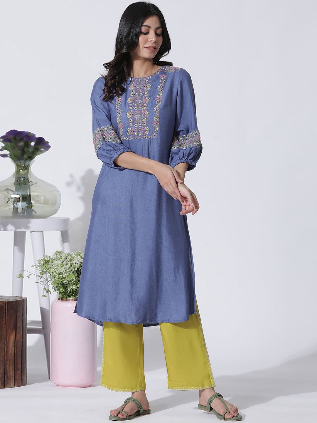 W Floral Embroidered Straight Kurta with Palazzos