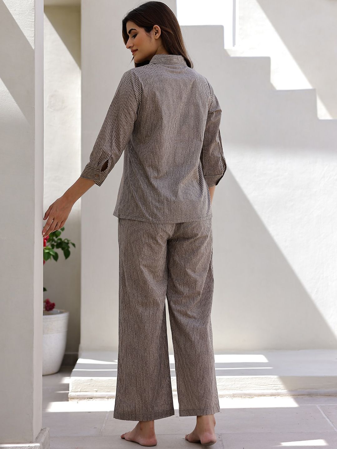 SANSKRUTIHOMES Striped Shirt Collar Pure Cotton Night suit