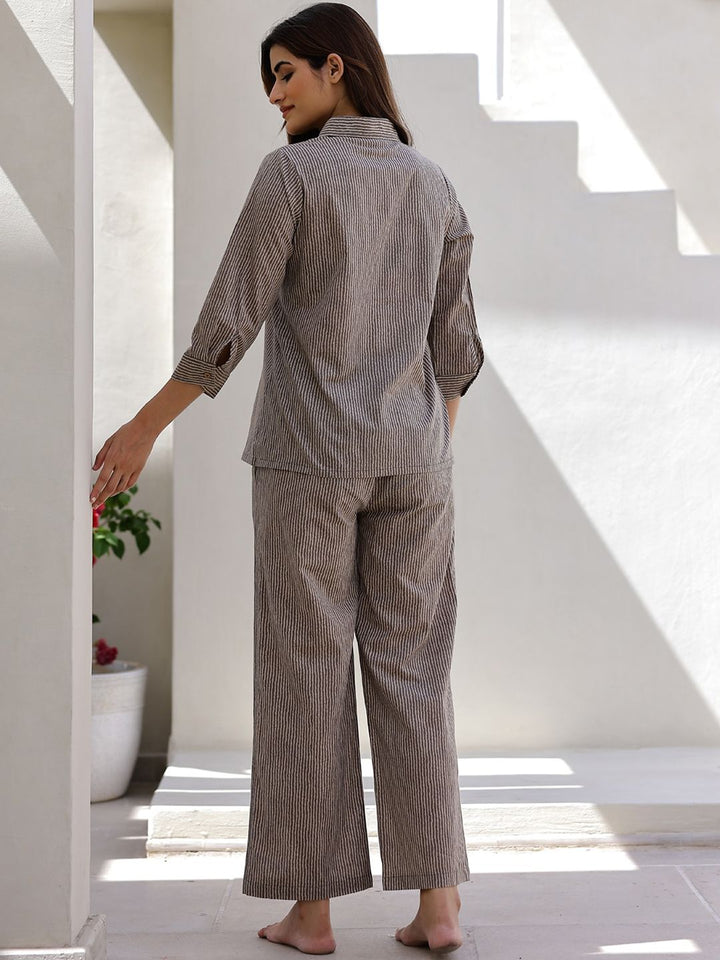 SANSKRUTIHOMES Striped Shirt Collar Pure Cotton Night suit