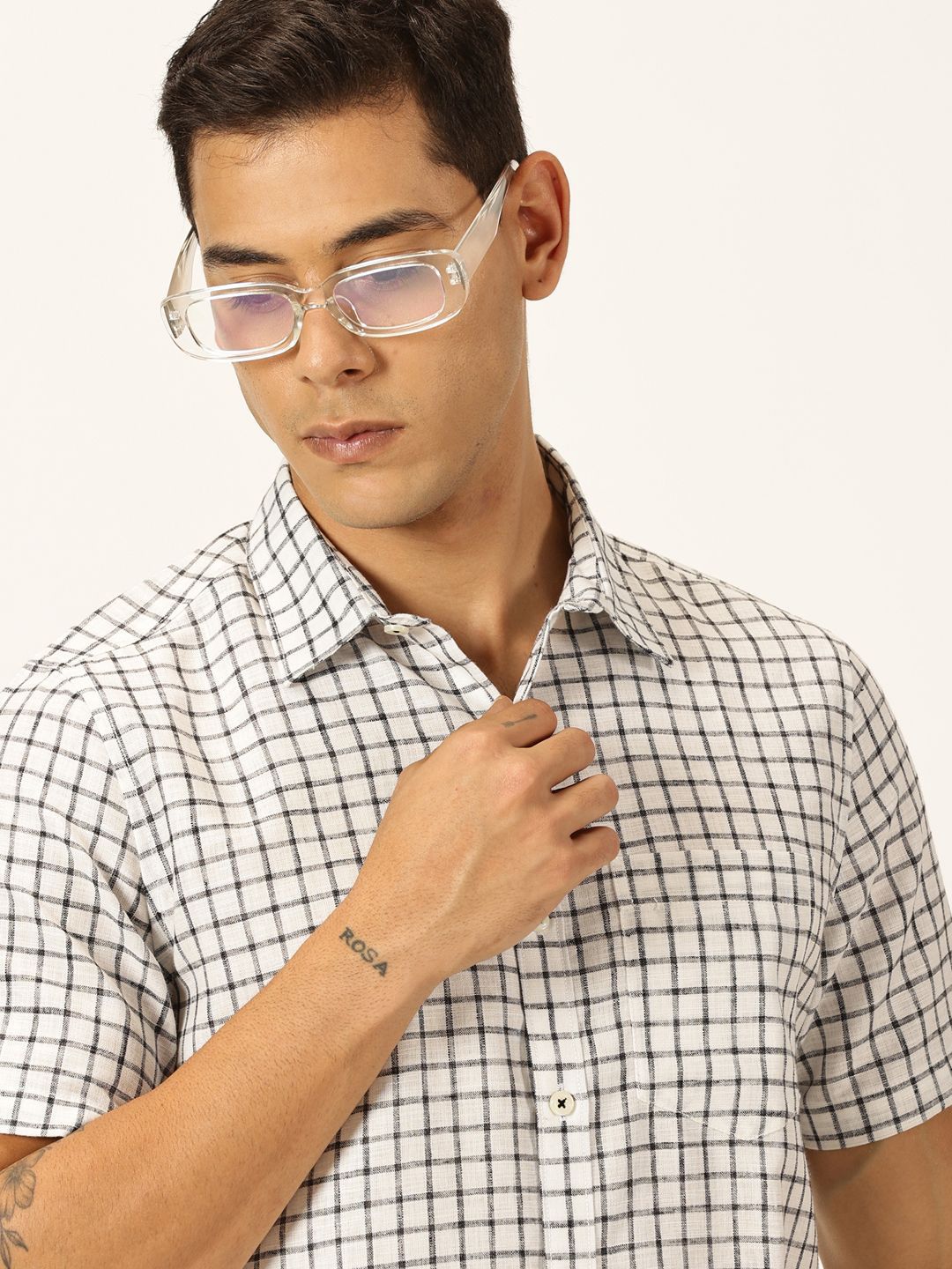 Thomas Scott Men Premium Micro Checks Cotton & Linen Casual Shirt