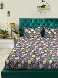 Myntra Elegant Grey Floral Printed Dilengkapi 300 TC 7D Cadar dengan 2 Sarung Bantal