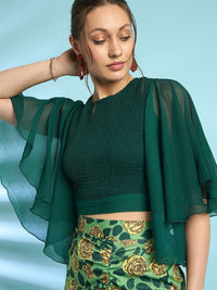 Antheaa Green Flared Sleeves Smocked Crop Top With Skirt