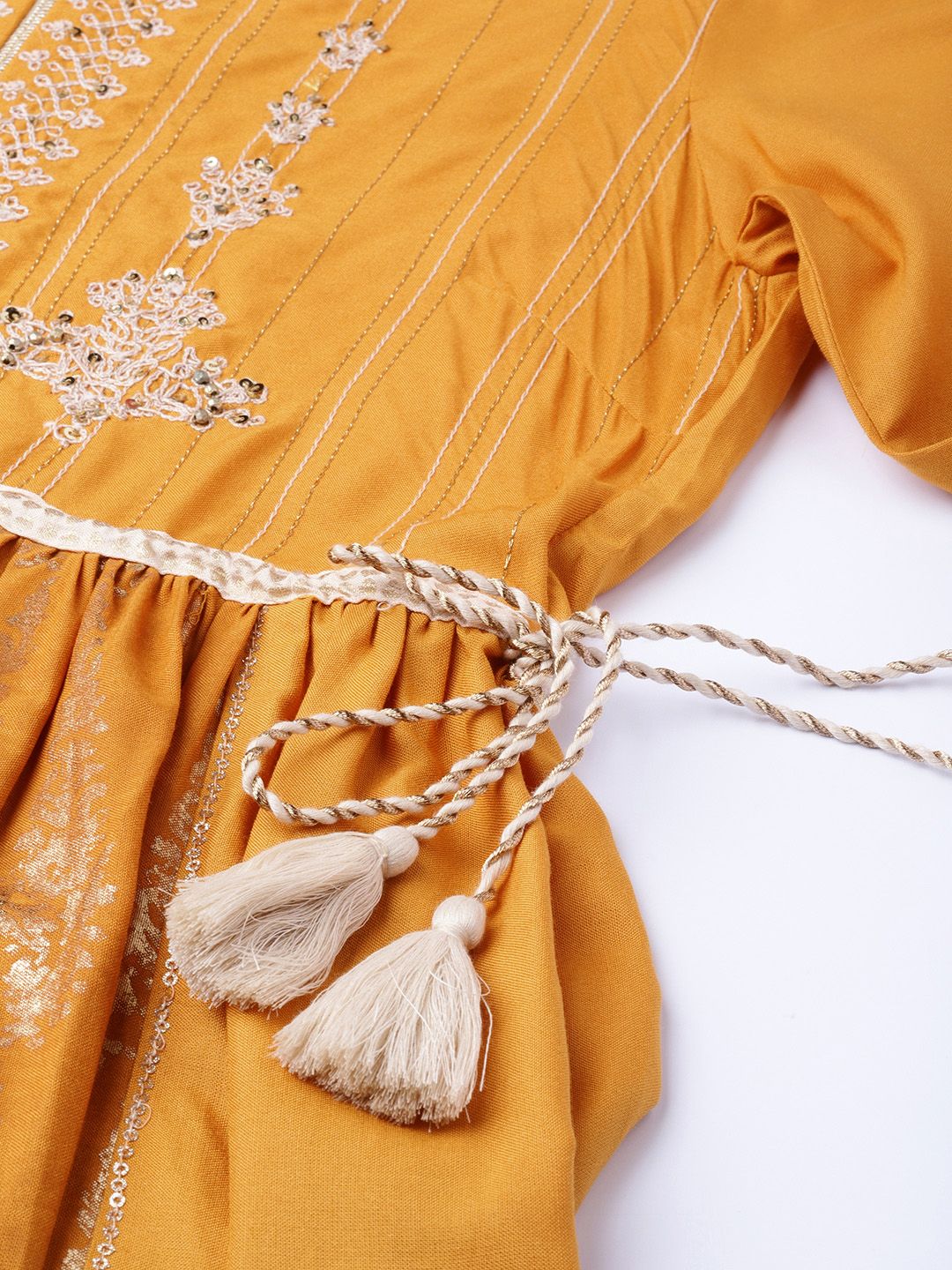 W Mustard Yellow & Golden Floral Printed A-Line Dress