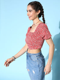 Berrylush Floral Print Puff Sleeve Crepe Crop Top