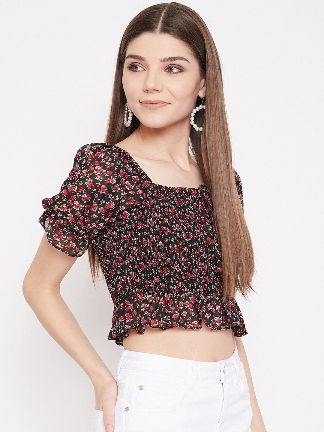 Berrylush Black Floral Smocked Crepe Blouson Crop Top