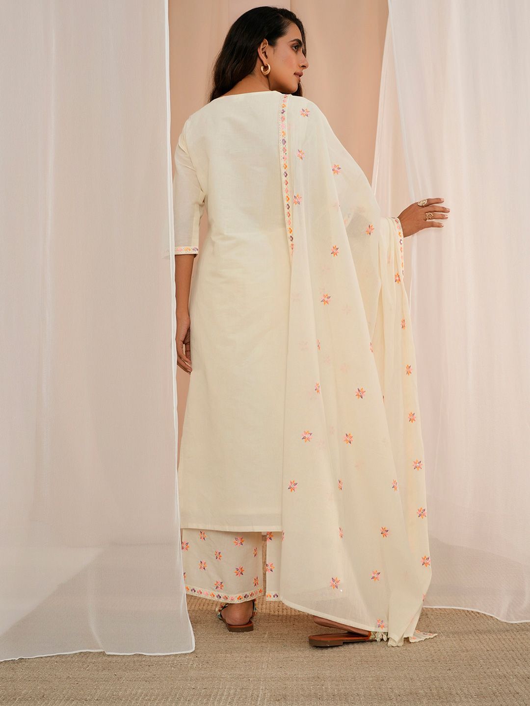 Libas Floral Embroidered Thread Work Pure Cotton Kurta With Palazzos & Dupatta